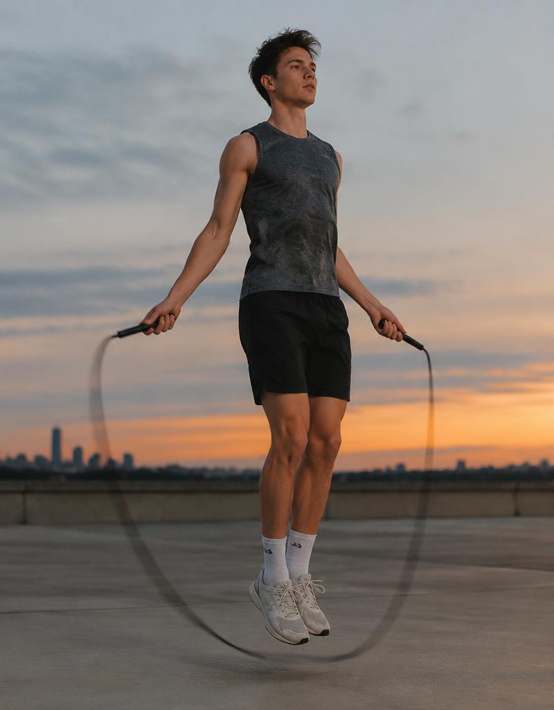 Athlete training outdoors with a jump rope
